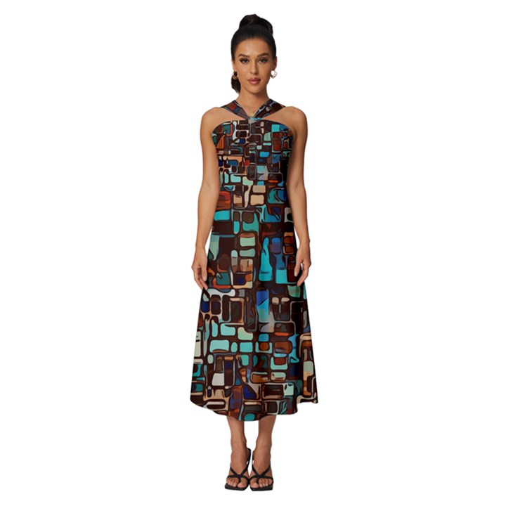 Stained Glass Mosaic Abstract Sleeveless Cross Front Cocktail Midi Chiffon Dress