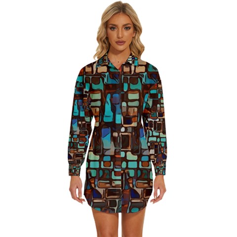 Stained Glass Mosaic Abstract Womens Long Sleeve Shirt Dress by Sarkoni