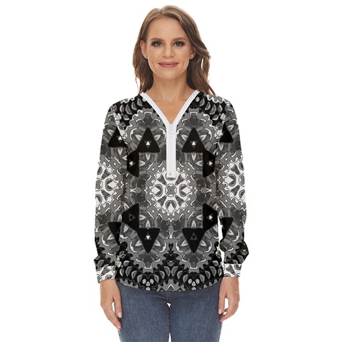 Mandala Calming Coloring Page Zip Up Long Sleeve Blouse by Sarkoni