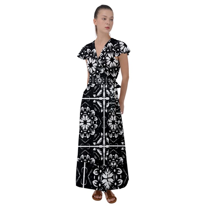 Kaleidoscope Mandala Art Flutter Sleeve Maxi Dress