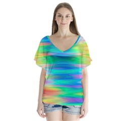 Wave Rainbow Bright Texture V-neck Flutter Sleeve Top by Sarkoni