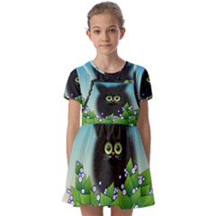 Kitten Black Furry Illustration Kids  Short Sleeve Pinafore Style Dress by Sarkoni