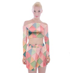 Background Geometric Triangle Off Shoulder Top With Mini Skirt Set by Sarkoni