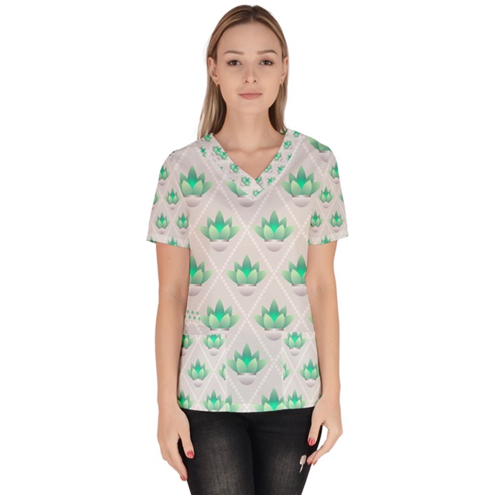 Plant Pattern Green Leaf Flora Women s V-Neck Scrub Top