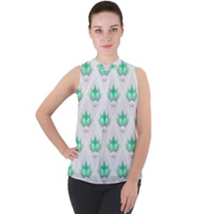 Plant Pattern Green Leaf Flora Mock Neck Chiffon Sleeveless Top by Sarkoni