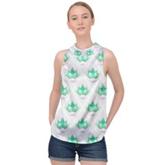 Plant Pattern Green Leaf Flora High Neck Satin Top by Sarkoni