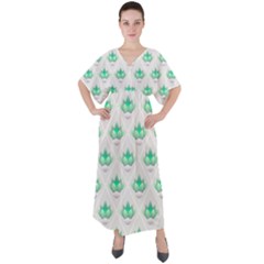 Plant Pattern Green Leaf Flora V-neck Boho Style Maxi Dress by Sarkoni