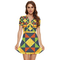 Background Geometric Color V-neck High Waist Chiffon Mini Dress by Sarkoni