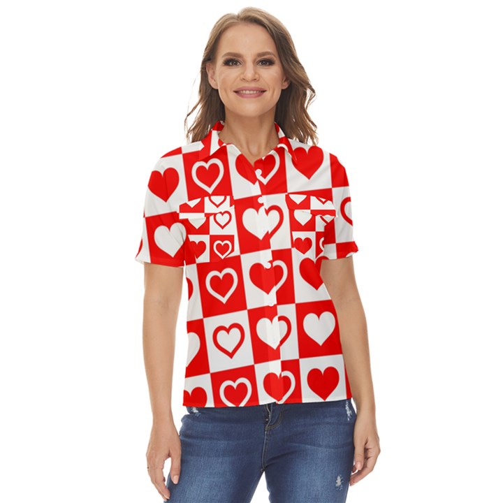 Background Card Checker Chequered Women s Short Sleeve Double Pocket Shirt