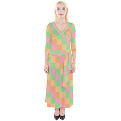 Checkerboard Pastel Squares Quarter Sleeve Wrap Maxi Dress by Grandong