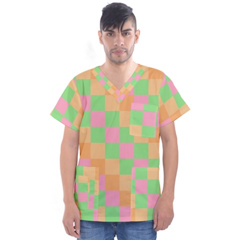 Checkerboard Pastel Squares Men s V-neck Scrub Top by Grandong