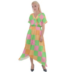 Checkerboard Pastel Squares Cross Front Sharkbite Hem Maxi Dress by Grandong