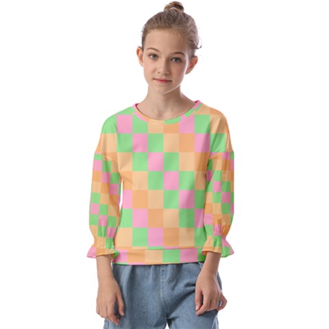 Checkerboard Pastel Squares Kids  Cuff Sleeve Top by Grandong