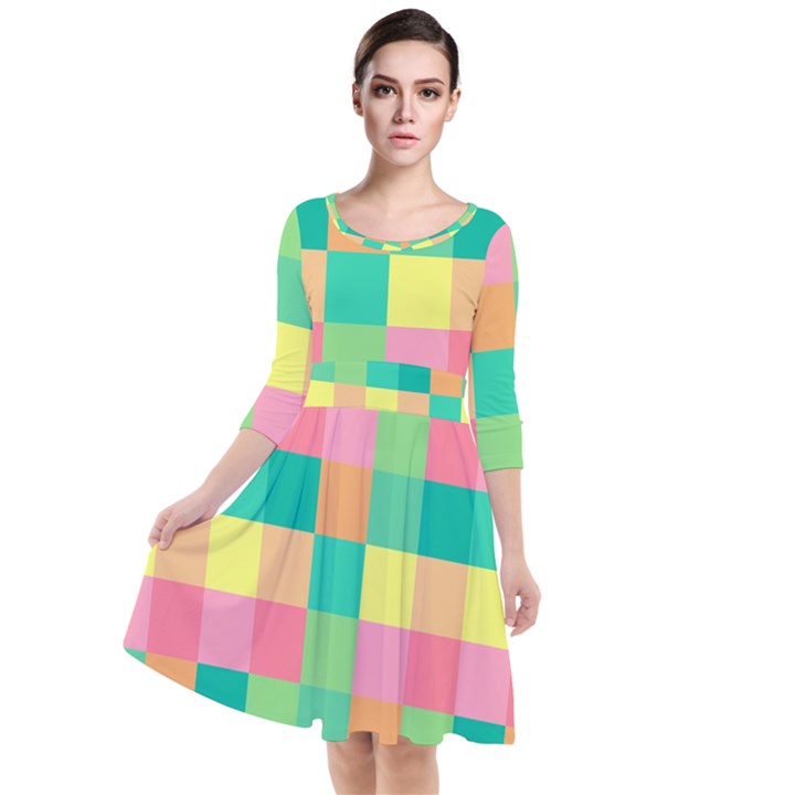 Checkerboard Pastel Square Quarter Sleeve Waist Band Dress