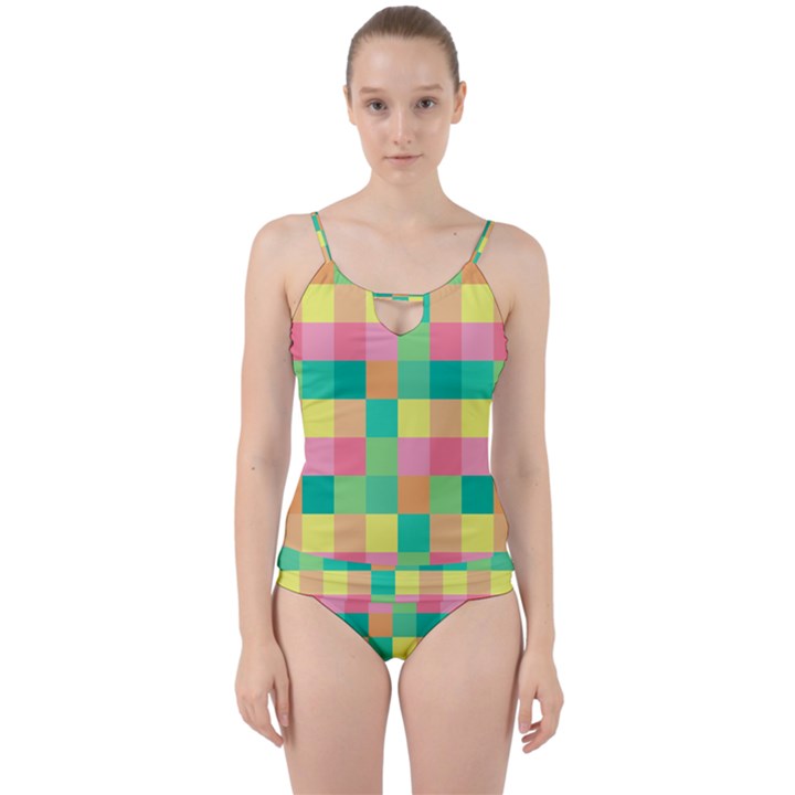 Checkerboard Pastel Square Cut Out Top Tankini Set