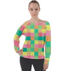 Checkerboard Pastel Square Off Shoulder Long Sleeve Velour Top by Grandong