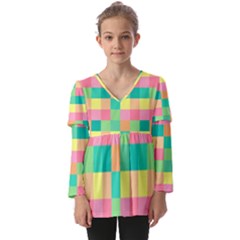 Checkerboard Pastel Square Kids  V Neck Casual Top by Grandong