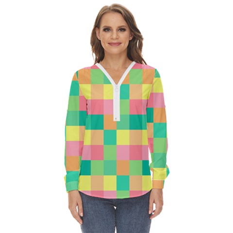 Checkerboard Pastel Square Zip Up Long Sleeve Blouse by Grandong