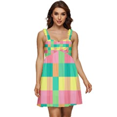 Checkerboard Pastel Square Ruffle Strap Babydoll Chiffon Dress