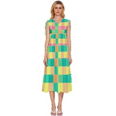 Checkerboard Pastel Square V-neck Drawstring Shoulder Sleeveless Maxi Dress by Grandong