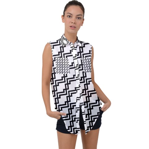 Pattern Monochrome Repeat Sleeveless Chiffon Button Shirt by Apen