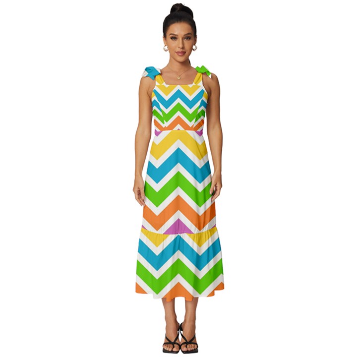 Chevron Pattern Design Texture Tie-Strap Tiered Midi Chiffon Dress