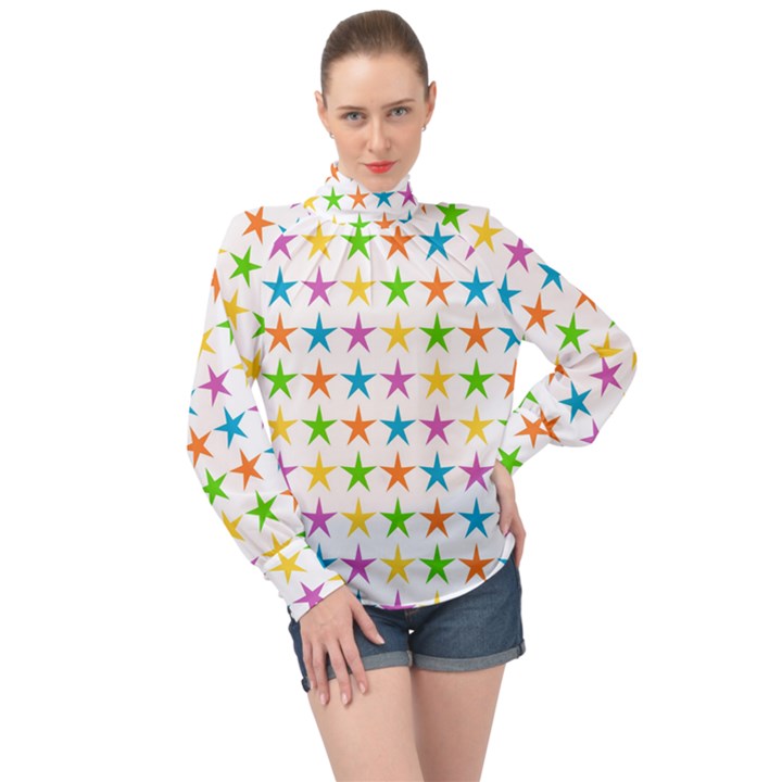 Star Pattern Design Decoration High Neck Long Sleeve Chiffon Top