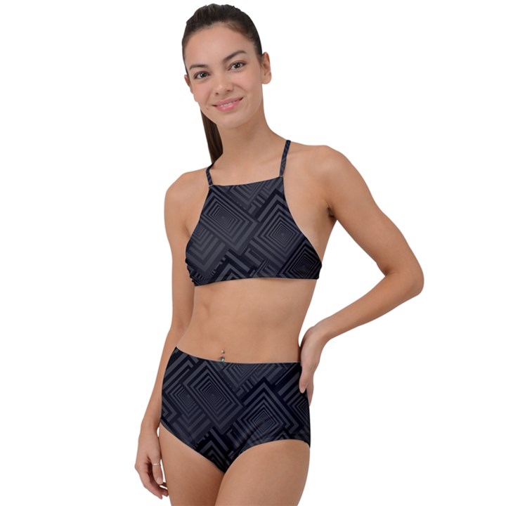 Diagonal Square Black Background Halter Tankini Set