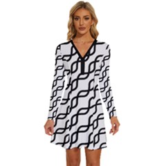 Diagonal Stripe Pattern Long Sleeve Deep V Mini Dress  by Apen