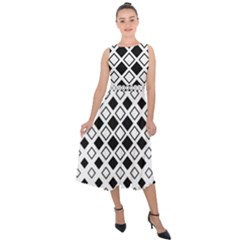 Square Diagonal Pattern Monochrome Midi Tie-back Chiffon Dress by Apen