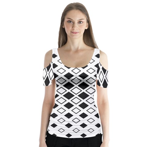 Square Diagonal Pattern Monochrome Butterfly Sleeve Cutout T-shirt  by Apen