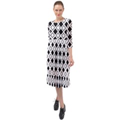 Square Diagonal Pattern Monochrome Ruffle End Midi Chiffon Dress by Apen