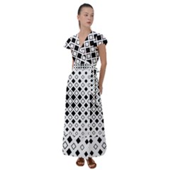 Square Diagonal Pattern Monochrome Flutter Sleeve Maxi Dress by Apen