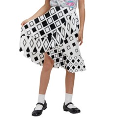 Square Diagonal Pattern Monochrome Kids  Ruffle Flared Wrap Midi Skirt by Apen