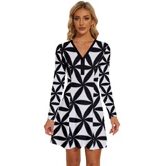 Pattern Floral Repeating Long Sleeve Deep V Mini Dress  by Apen