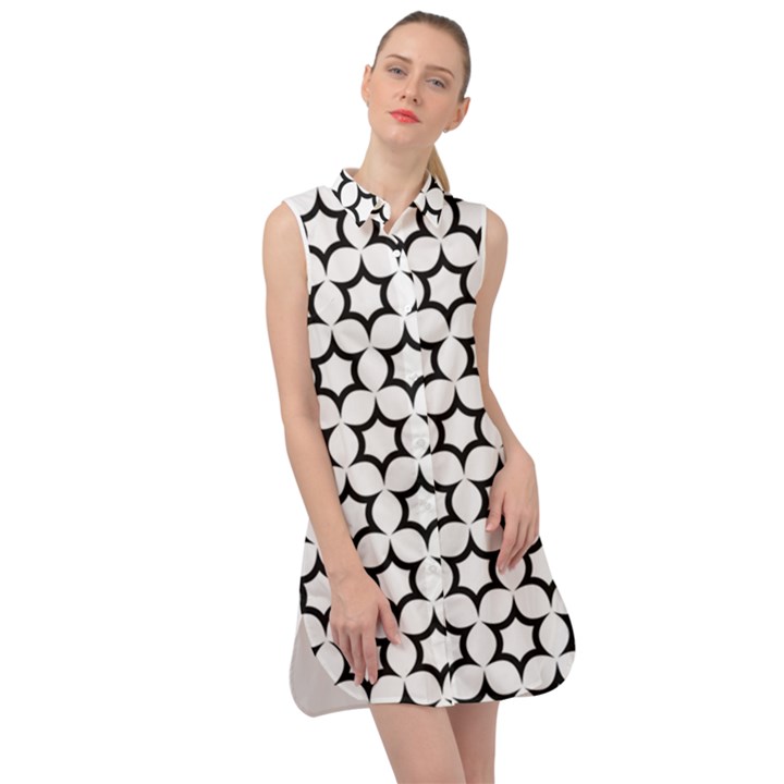 Pattern Star Repeating Black White Sleeveless Shirt Dress