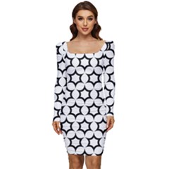 Pattern Star Repeating Black White Women Long Sleeve Ruched Stretch Jersey Dress by Apen