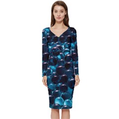 Blue Abstract Balls Spheres Long Sleeve V-neck Bodycon Dress  by Amaryn4rt