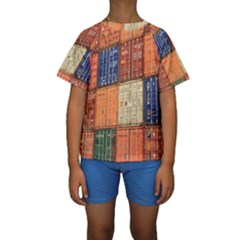 Blue White Orange And Brown Container Van Kids  Short Sleeve Swimwear by Amaryn4rt