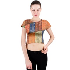 Blue White Orange And Brown Container Van Crew Neck Crop Top by Amaryn4rt