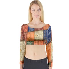 Blue White Orange And Brown Container Van Long Sleeve Crop Top by Amaryn4rt