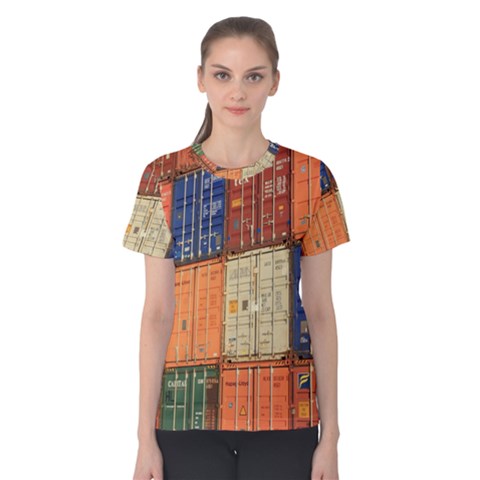 Blue White Orange And Brown Container Van Women s Cotton T-shirt by Amaryn4rt