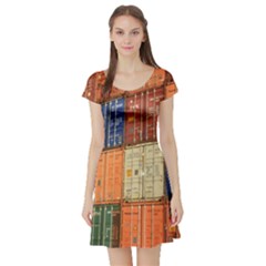 Blue White Orange And Brown Container Van Short Sleeve Skater Dress by Amaryn4rt