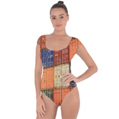 Blue White Orange And Brown Container Van Short Sleeve Leotard  by Amaryn4rt