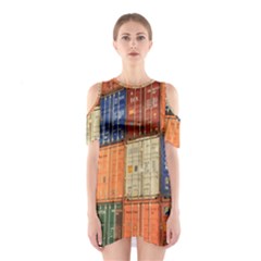 Blue White Orange And Brown Container Van Shoulder Cutout One Piece Dress by Amaryn4rt