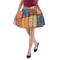 Blue White Orange And Brown Container Van A-line Pocket Skirt by Amaryn4rt