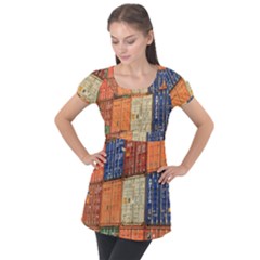 Blue White Orange And Brown Container Van Puff Sleeve Tunic Top by Amaryn4rt