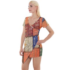 Blue White Orange And Brown Container Van Short Sleeve Asymmetric Mini Dress by Amaryn4rt