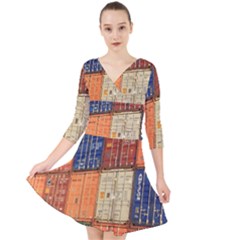 Blue White Orange And Brown Container Van Quarter Sleeve Front Wrap Dress by Amaryn4rt