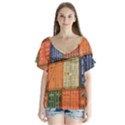 Blue White Orange And Brown Container Van V-Neck Flutter Sleeve Top View1